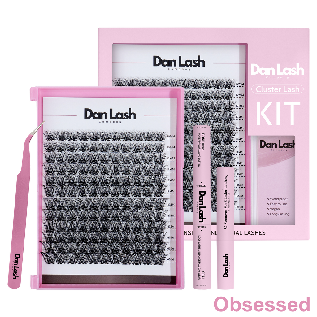Dan Lash Cluster Lash Kit with pink packaging on a white background,  Dankashi, Dankash, false lashes, glue on lashes, lashes in the US, Danlash, ash Accessories, water resistant lash glue