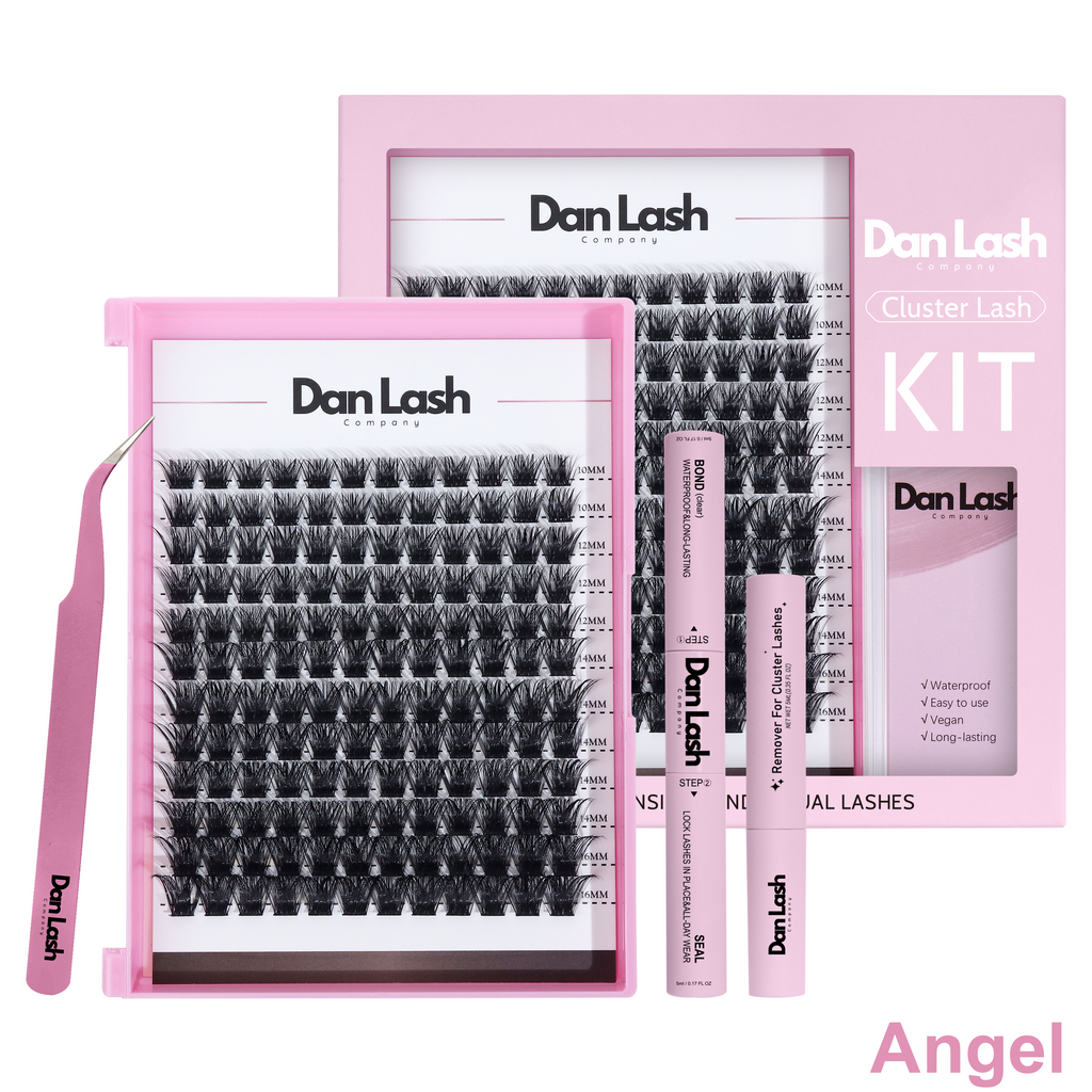 Dan Lash Cluster Lash Kit with pink packaging on a white background,  Dankashi, Dankash, false lashes, glue on lashes, lashes in the US, Danlash, ash Accessories, water resistant lash glue, AR Lash Kit